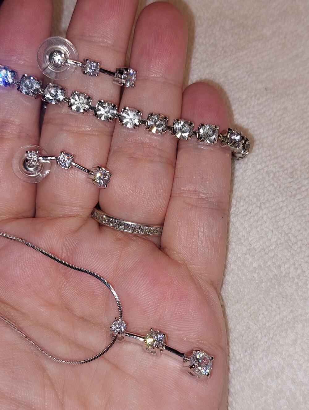 Silver Tone Clear Crystal Tennis Bracelet and Pendant Earrings Set